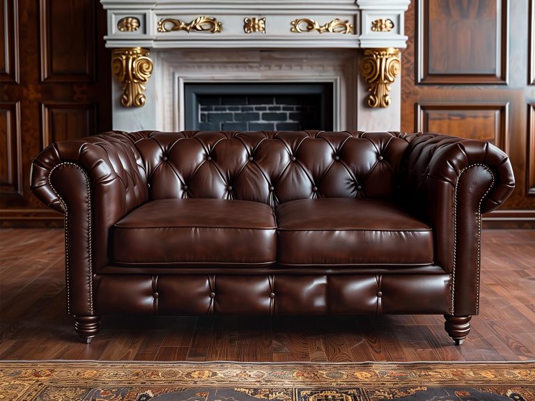 Brązowa sofa chesterfield ze skóry naturalnej w stylu angielskim