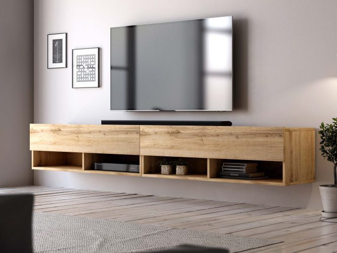 Stolik telewizyjny drewniany aranżacja DEWO DOUBLE 280cm