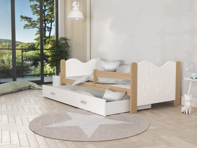 Łóżko dla dziecka ze wzorem białe sosnowe aranżacja pokoju BRICK