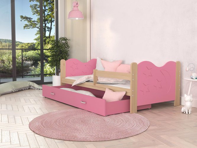Łóżko dla dziecka ze wzorem różowe sosnowe aranżacja pokoju BRICK