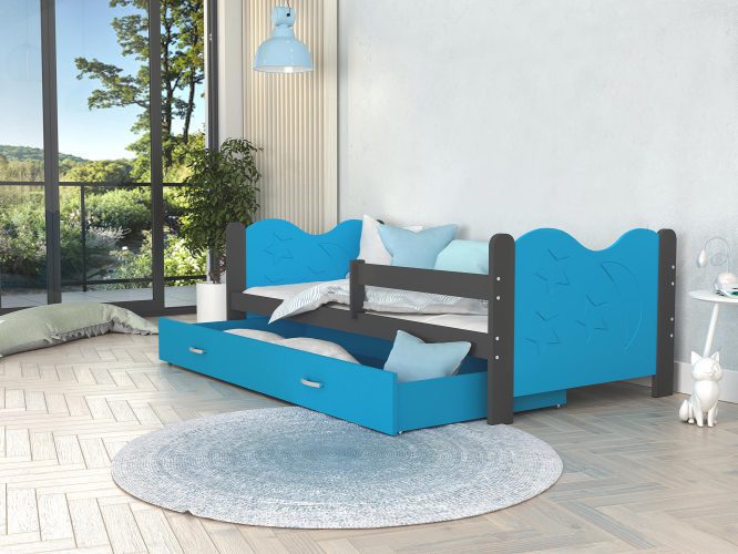 Łóżko dla dziecka ze wzorem niebiesko szare aranżacja pokoju BRICK