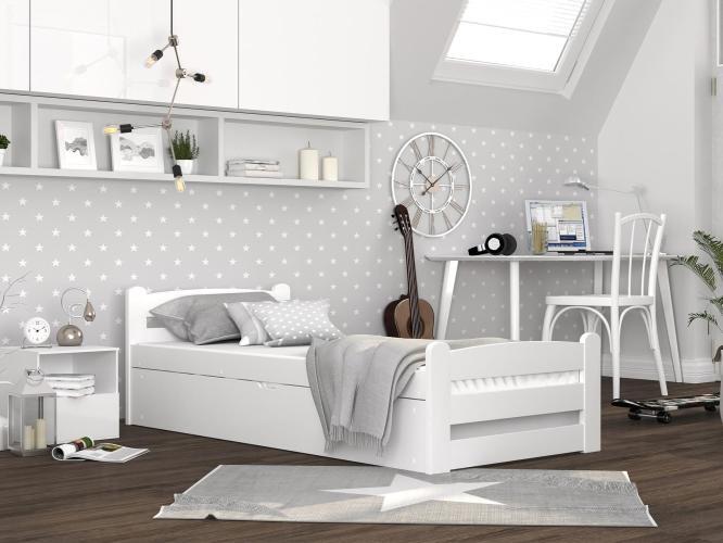 Białe łóżko 90x200 podnoszony stelaż z materacem inspiracja CORTEZ