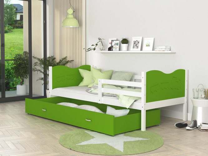 Łóżko dla dziecka wzór motylki biel zieleń aranżacja CUBI P