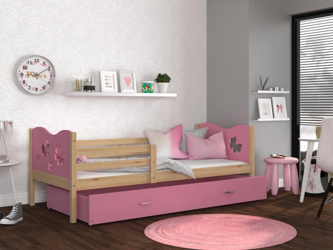 Łóżko dla dziecka wzór motylki sosna róż aranżacja CUBI P
