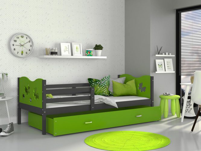 Łóżko dla dziecka wzór motylki zieleń szary aranżacja CUBI P