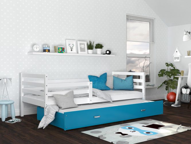Drewniane łóżko dziecięce biało niebieskie aranż DAVIS P2