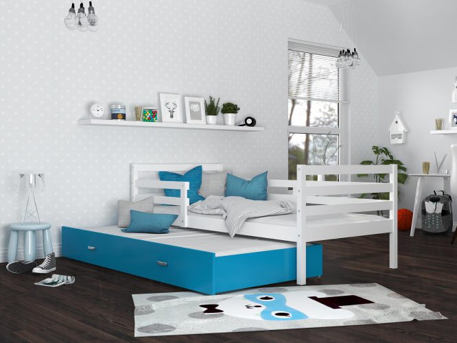 Drewniane łóżko dziecięce biało niebieskie aranż DAVIS P2