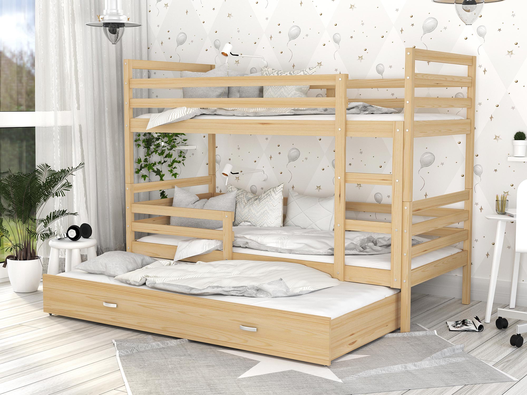 Łóżko dla dzieci piętrowe sosnowe aranżacja DAVIS 3