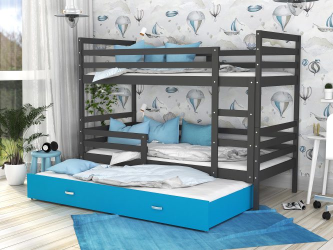 Łóżko dla dzieci piętrowe biało szaro niebieskie DAVIS 3