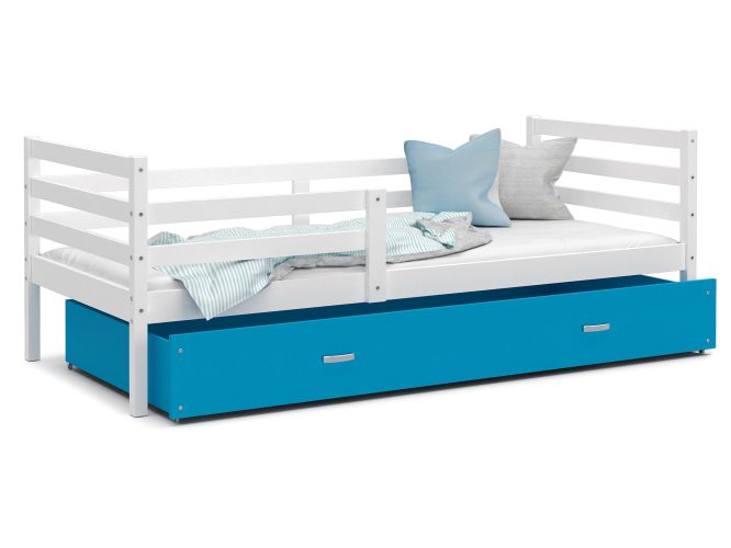 Łóżko do pokoju dziecięcego z barierką i szufladą biało niebieskie DAVIS P