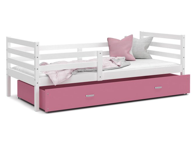 Łóżko do pokoju dziecięcego z barierką i szufladą biało różowe DAVIS P