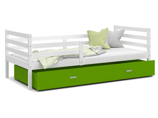 Łóżko do pokoju dziecięcego z barierką i szufladą biało zielone DAVIS P