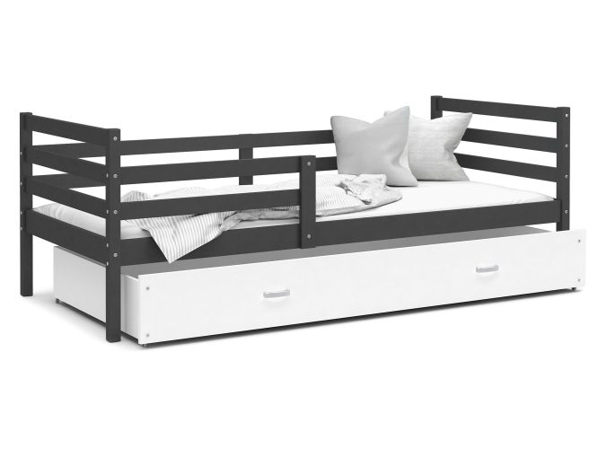 Łóżko do pokoju dziecięcego z barierką i szufladą szaro białe DAVIS P