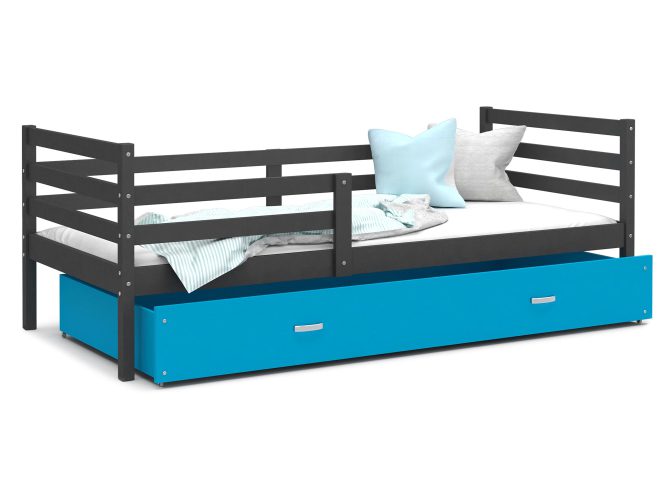 Łóżko do pokoju dziecięcego z barierką i szufladą szaro niebieskie DAVIS P