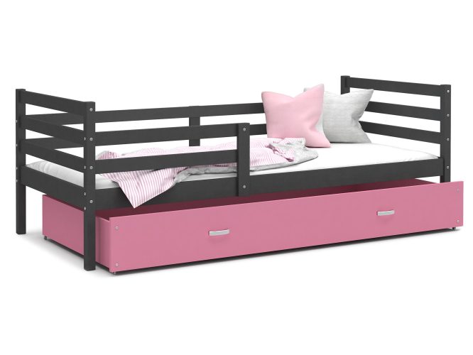Łóżko do pokoju dziecięcego z barierką i szufladą szaro różowe DAVIS P