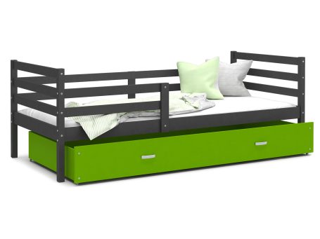 Łóżko do pokoju dziecięcego z barierką i szufladą szaro zielone DAVIS P