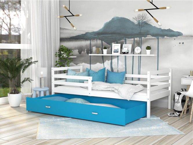Łóżko do pokoju dziecięcego z barierką białe niebieskie aranżacja DAVIS P