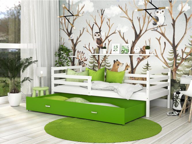 Łóżko do pokoju dziecięcego z barierką białe szare zielone DAVIS P