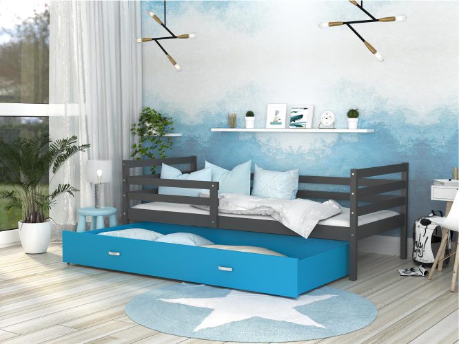 Łóżko do pokoju dziecięcego z barierką szaro niebieskie DAVIS P