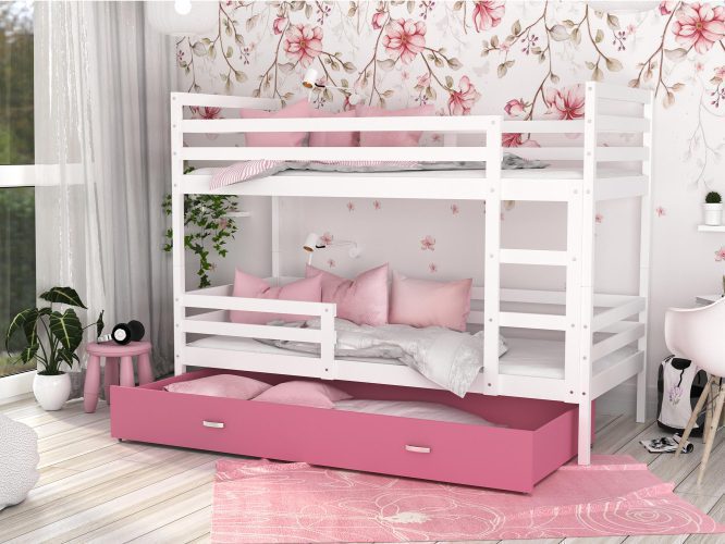 Łóżko piętrowe trzyosobowe aranżacja biało różowe DAVIS
