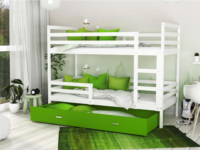 Łóżko piętrowe trzyosobowe aranżacja biało zielone DAVIS