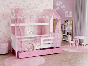 Miniaturka 14 - Różowe łóżko domek z szufladą i ozdobną moskitierą