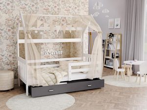 Miniaturka 15 - Łóżko domek z grafitową szufladą i baldachimem w pokoju dziecięcym