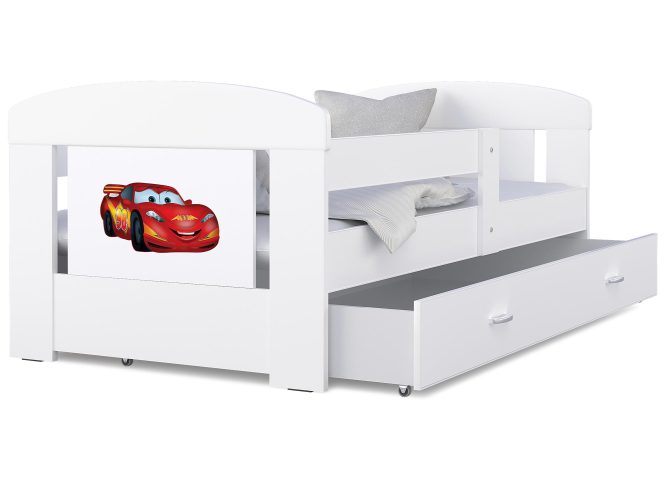Łóżko dla dziecka autka białe z pojemnikiem na pościel FELICITY