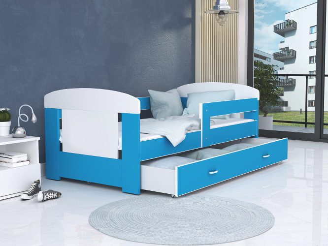 Łóżko dla dziecka biało niebieskie z pojemnikiem na pościel FELICITY
