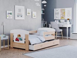 Miniaturka 18 - Łóżko dla dziecka auta drift białe dąb sonoma z pojemnikiem na pościel FELICITY