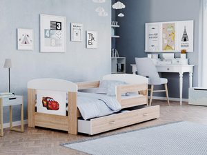 Miniaturka 20 - Łóżko dla dziecka auta zygzak białe dąb sonoma z pojemnikiem na pościel FELICITY