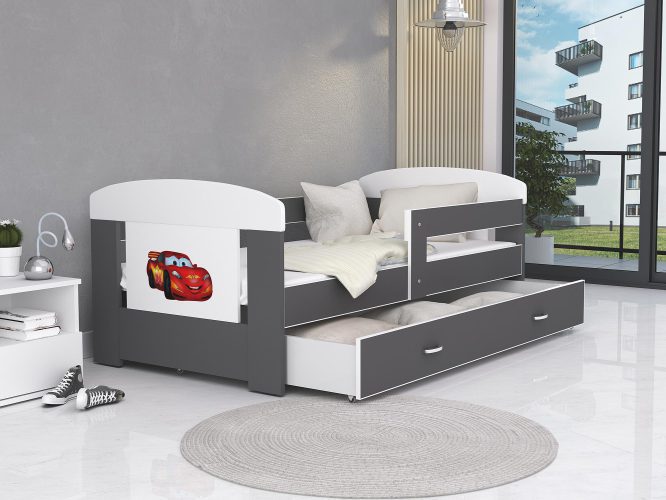 Łóżko dla dziecka zygzak biało szare z pojemnikiem na pościel FELICITY