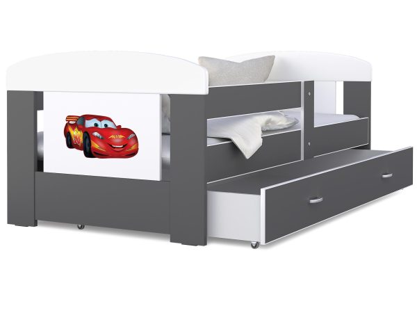 Łóżko dla dziecka zygzak mcqueen biało szare z pojemnikiem na pościel FELICITY
