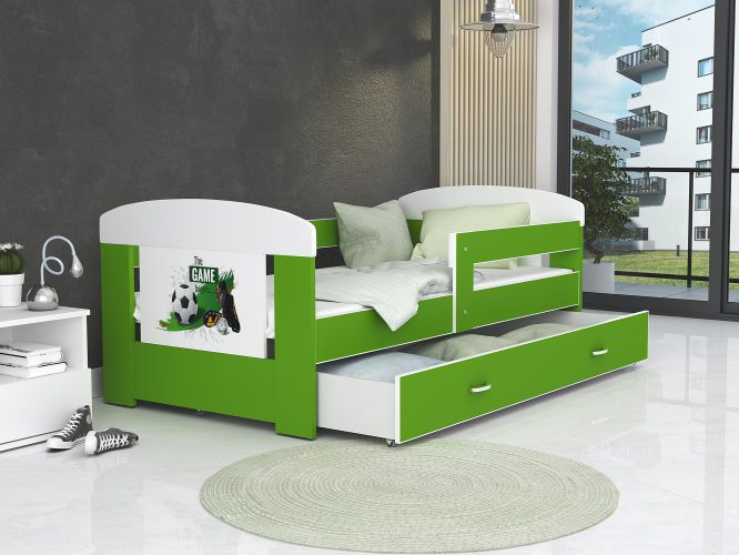 Łóżko dla dziecka piłkarz biało zielone z pojemnikiem na pościel FELICITY