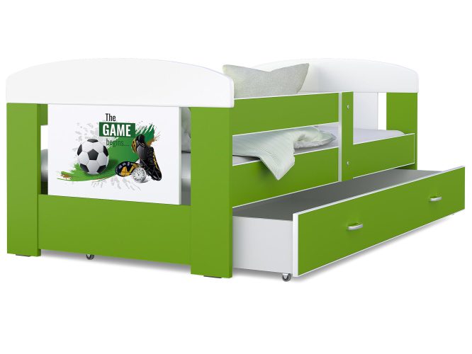 Łóżko dla dziecka piłkarz biało zielone z pojemnikiem na pościel białe tło FELICITY