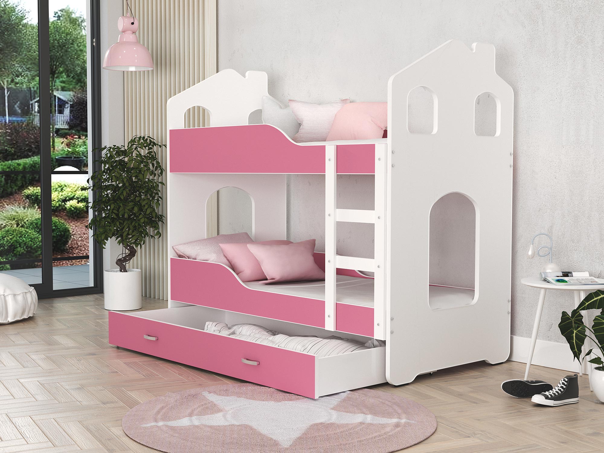 Łóżko domek dla dzieci biało-różowe aranż FIROME