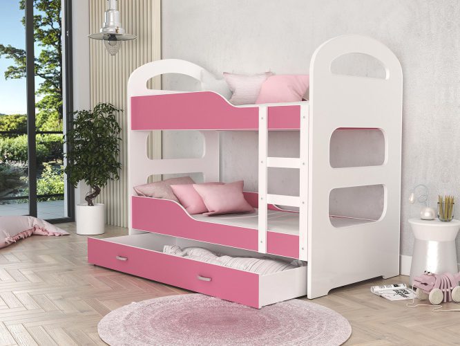 Łóżko dziecięce piętrowe aranż biały różowy FIROME