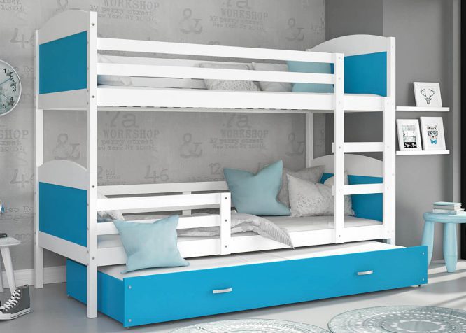 Łóżko piętrowe trzyosobowe biel-błękit aranżacja CAROL 3