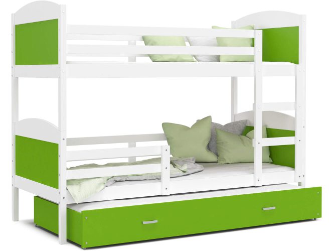 Łóżko piętrowe trzyosobowe biel-zieleń białe tło CAROL 3