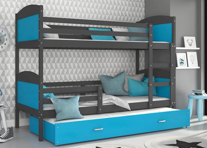 Łóżko piętrowe trzyosobowe szary-błękit aranżacja CAROL 3