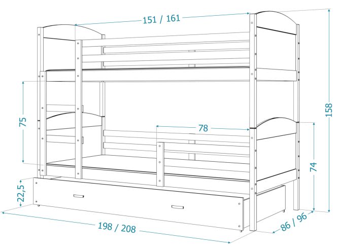 Łóżko piętrowe trzyosobowe wymiary CAROL 3
