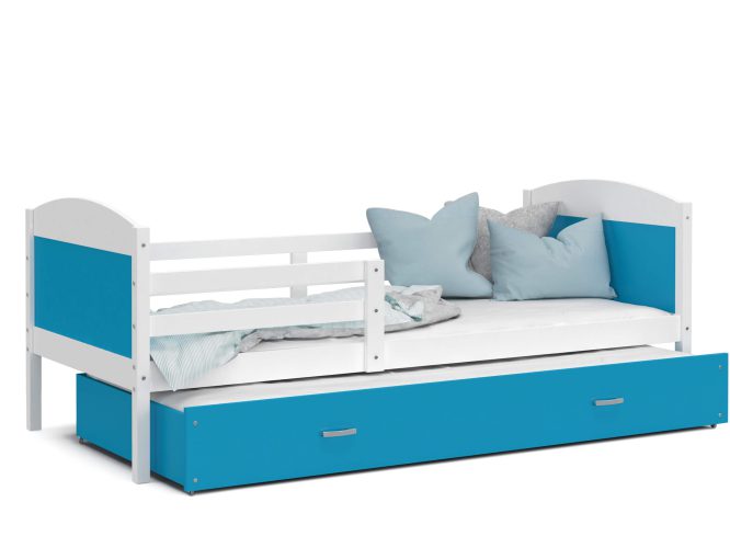Łóżko dla dziecka z barierką biel-niebieski białe tło CAROL P2