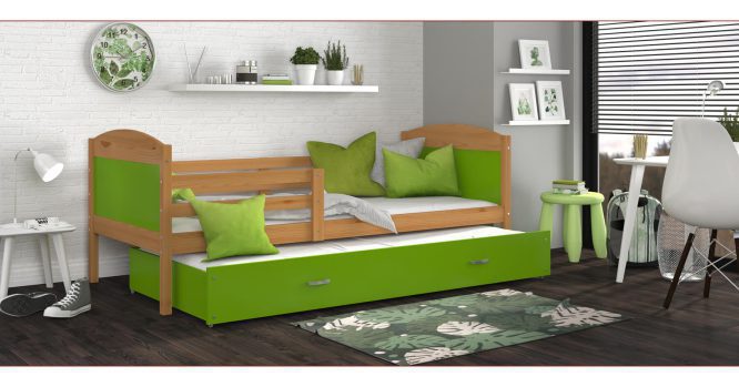 Łóżko dla dziecka z barierką olcha-zieleń aranżacja CAROL P2