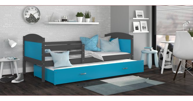 Łóżko dla dziecka z barierką szary-błękit aranżacja CAROL P2