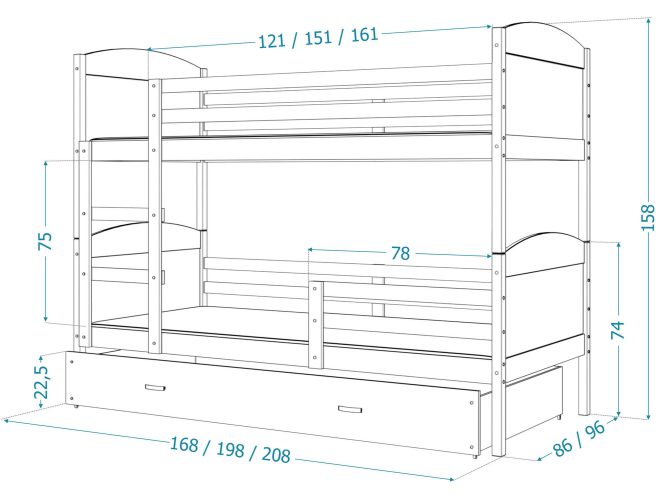 Łóżko dla dzieci piętrowe wymiary CAROL