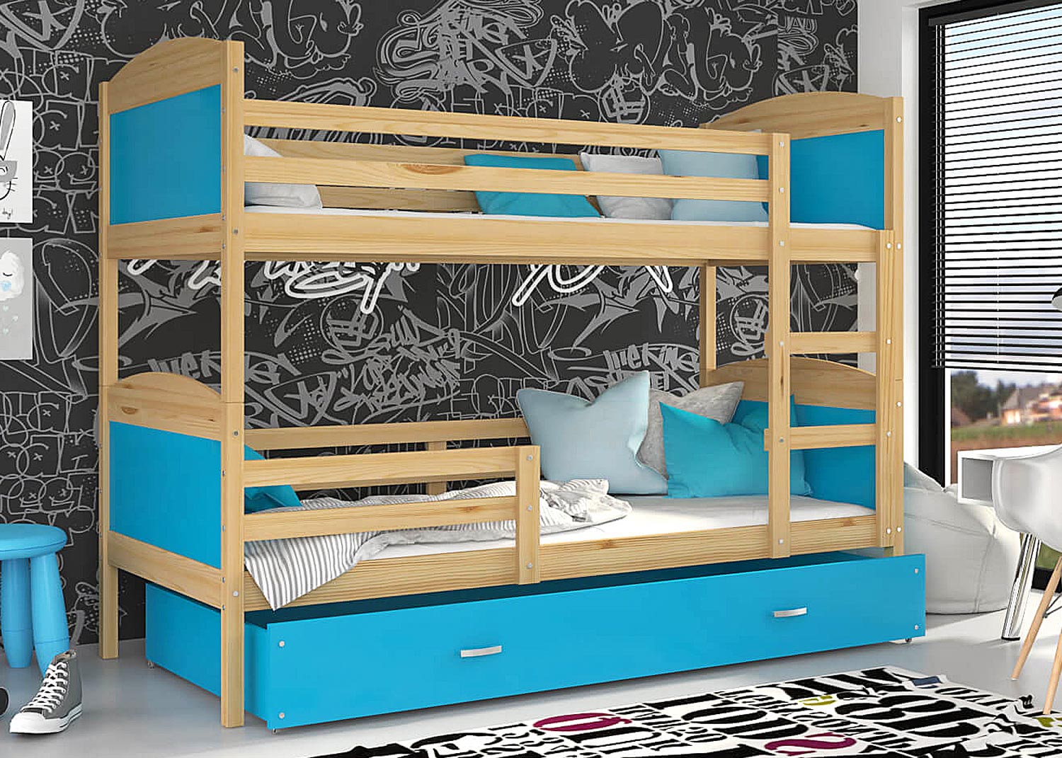 Łóżko dla dzieci piętrowe sosna-błękit CAROL