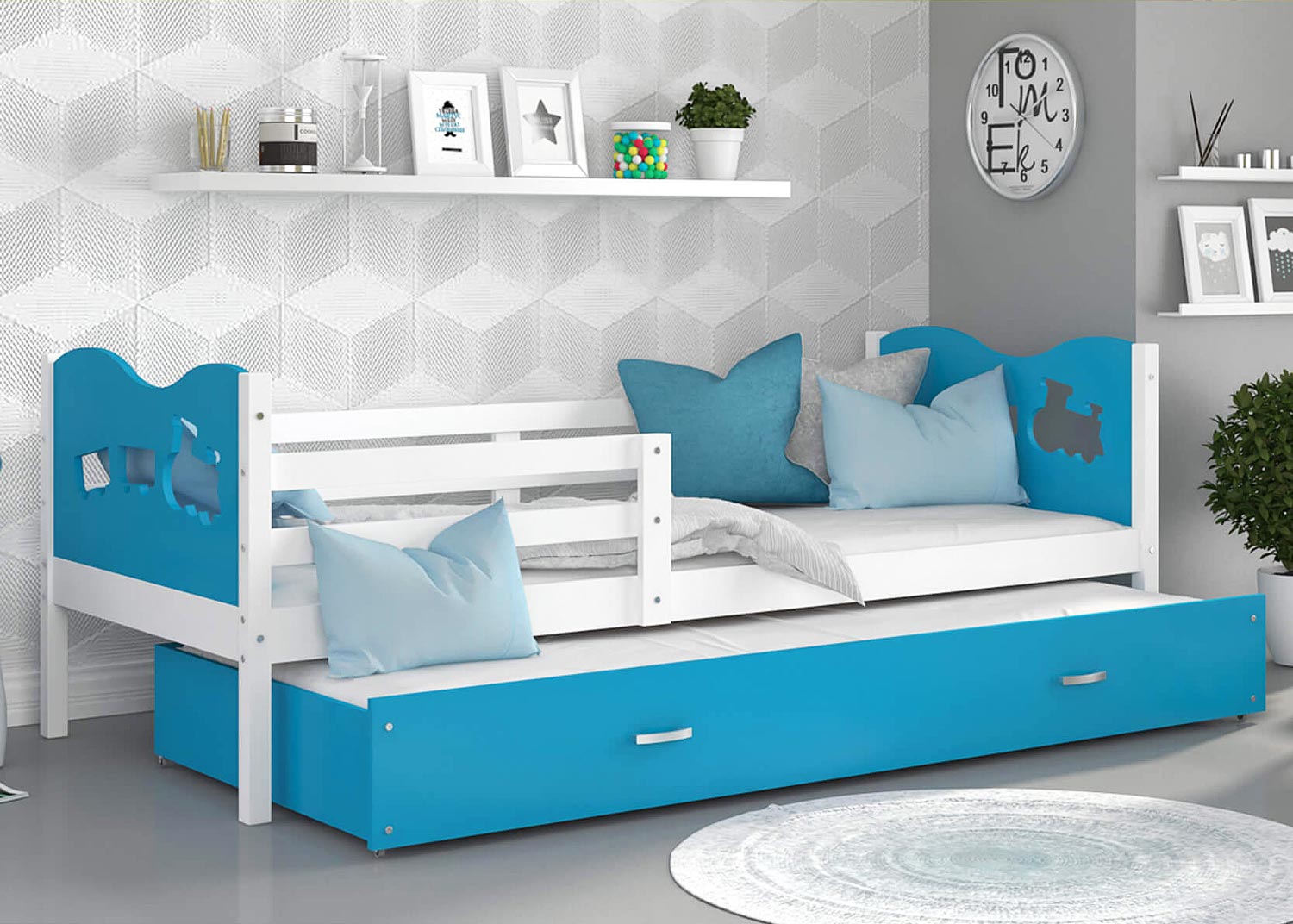 Łóżko dziecięce z materacem biel-błękit aranżacja CUBI P2