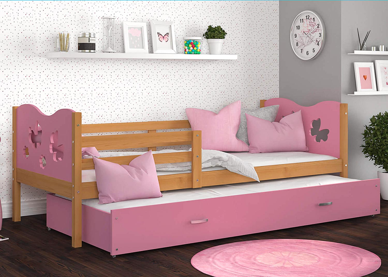 Łóżko dziecięce z materacem olcha-róż aranżacja CUBI P2