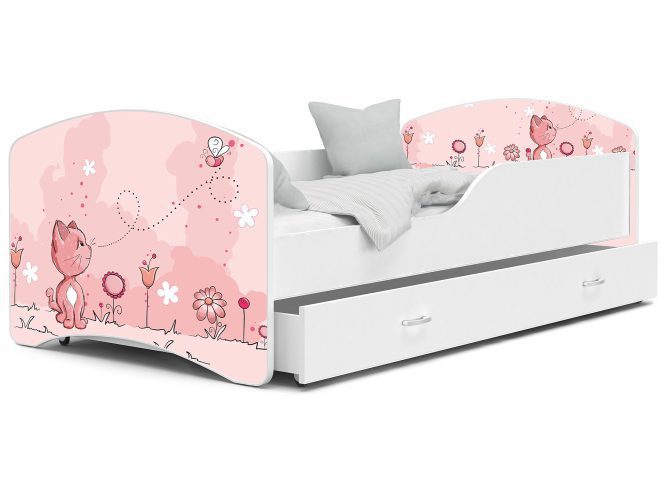 Łóżko dla dziecka z grafiką róż kotek i szufladą NORTON