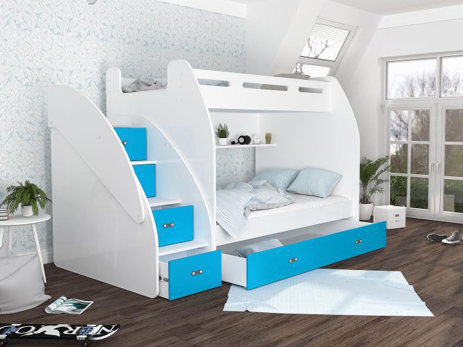 Łóżko piętrowe ze schodami biało niebieskie aranż ROKO